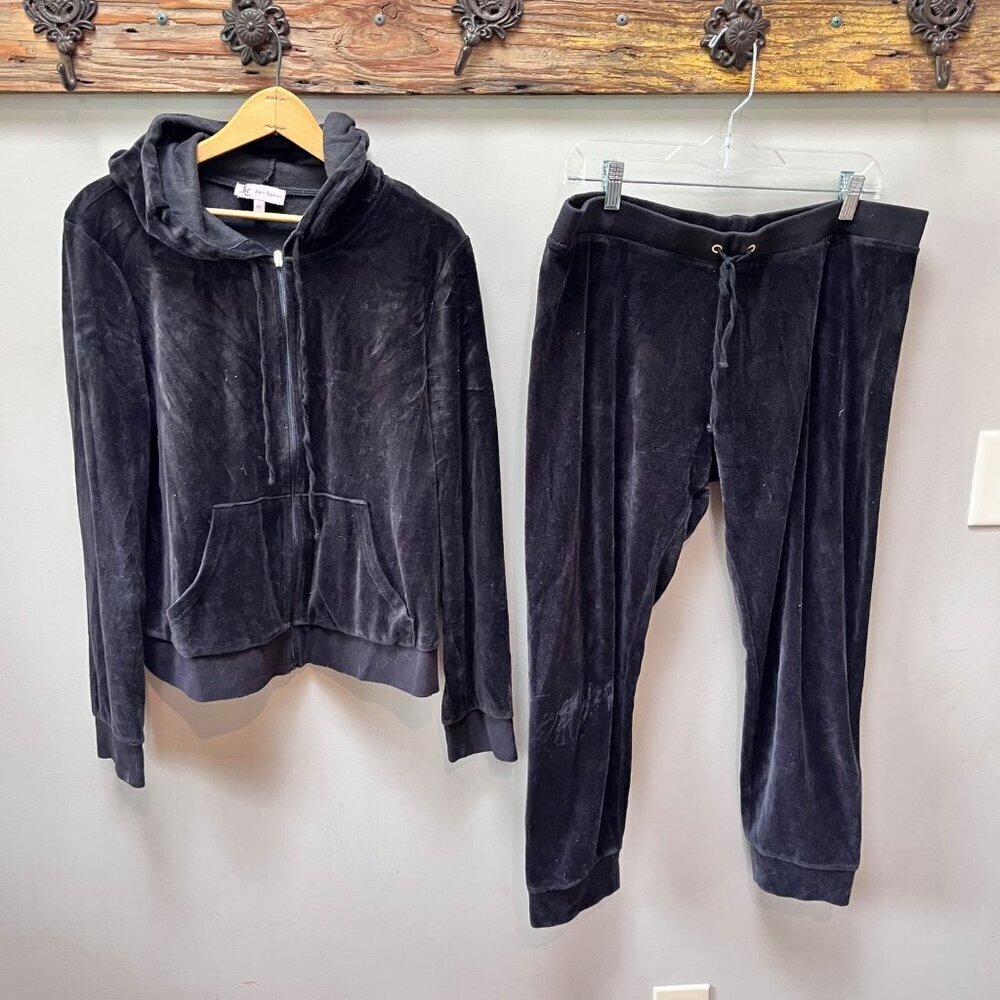 Vintage Juicy Couture Black Velour Tracksuit Set Zip Hoodie & Drawstring Pants X